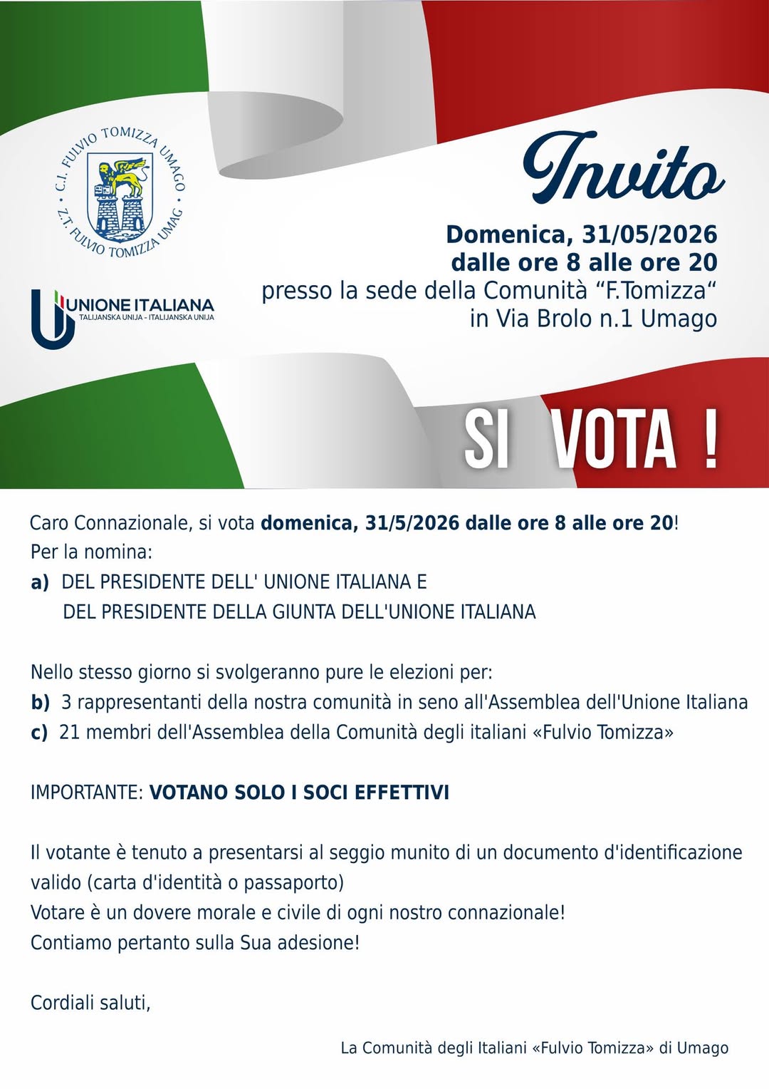 Elezioni della Comunità: si vota domenica 31 maggio 2026