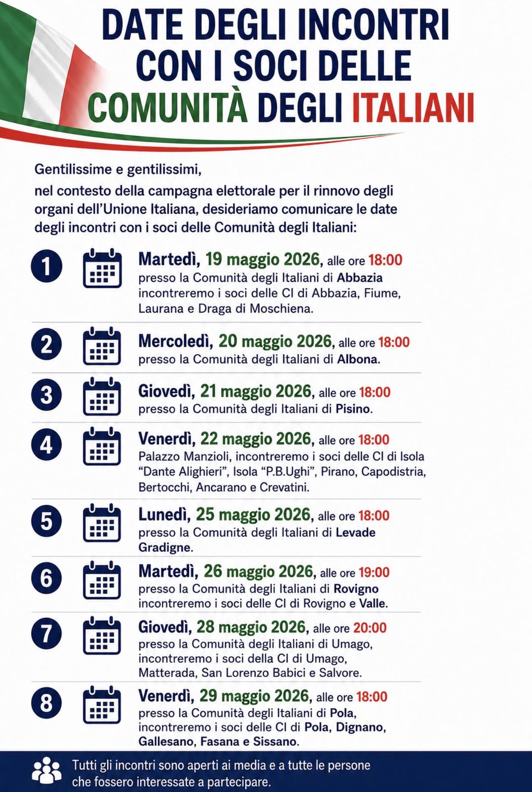 Date degli incontri con i soci delle Comunità degli Italiani