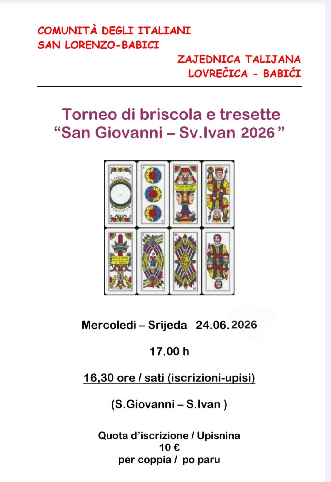 Torneo di briscola e tresette: Festa di San Giovanni - 24/06/2026